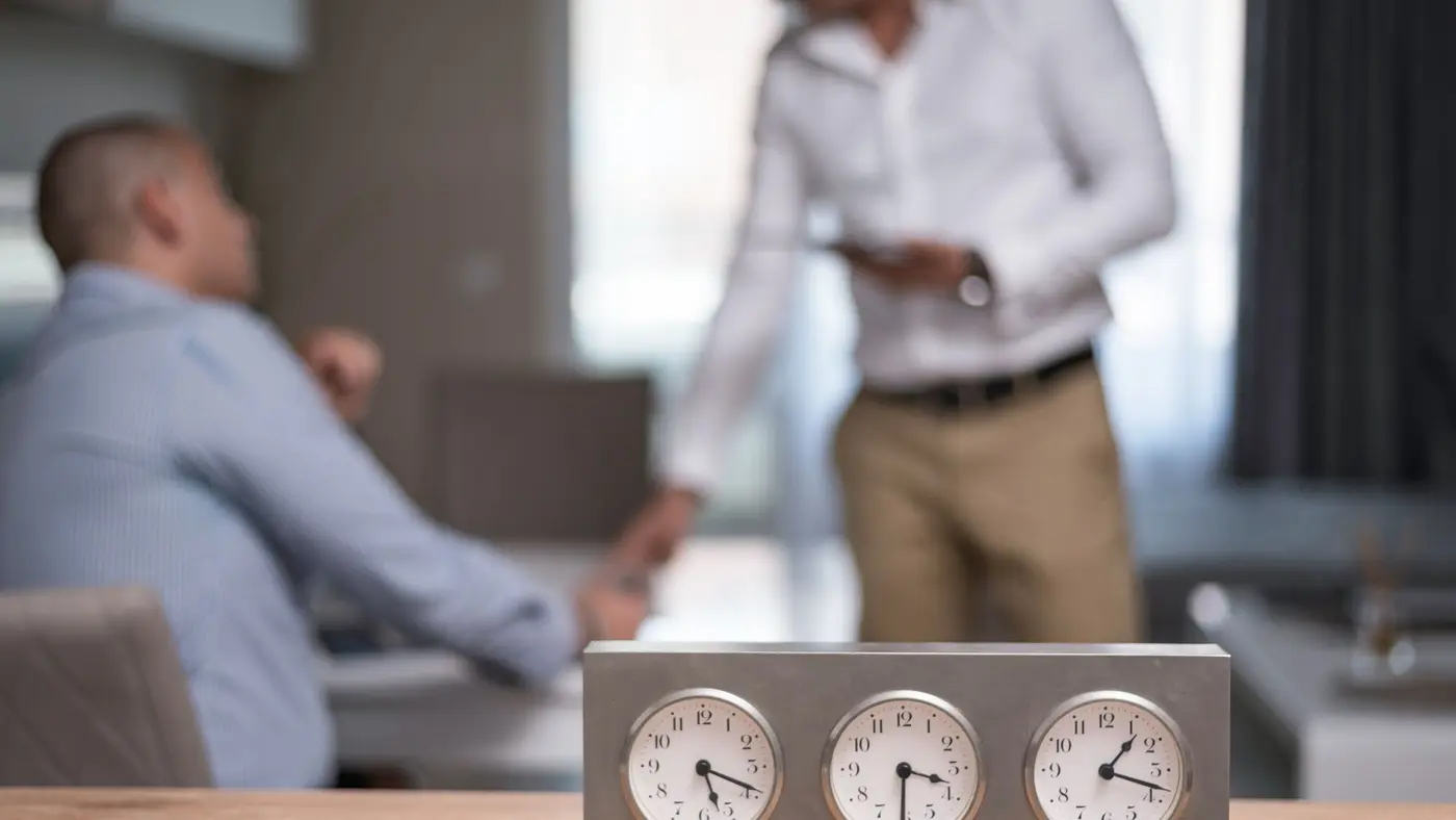 Three desk clocks showing different time zones in the foreground, with two people in an office blurred behind them.