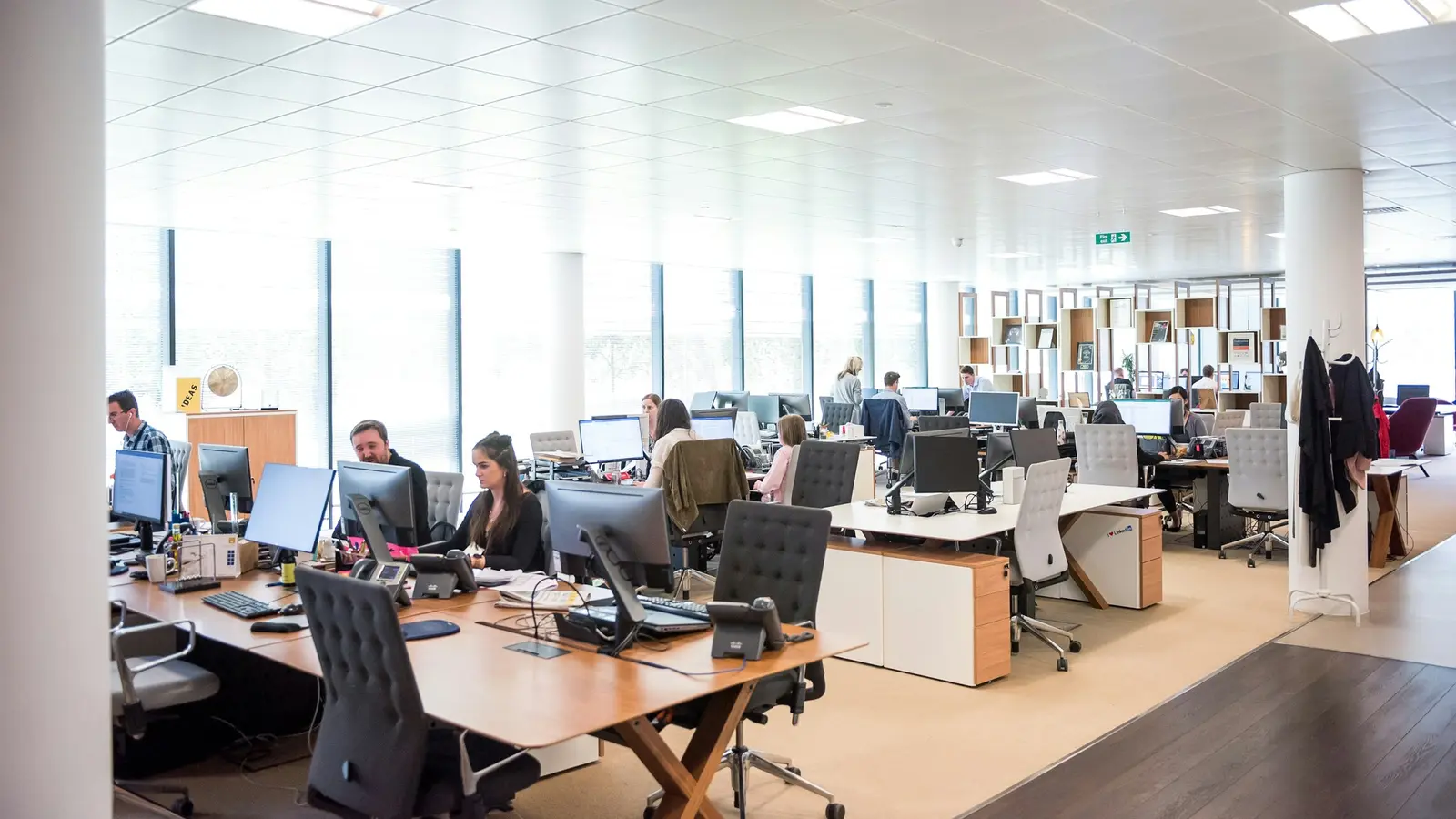 An open-plan office floor with rows of desks and people working at computers by large windows.