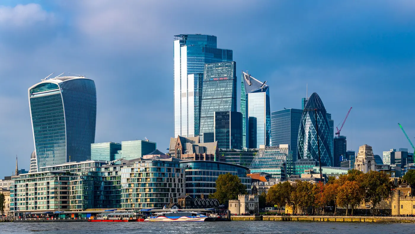 The City of London skyline seen across the River Thames on a clear day