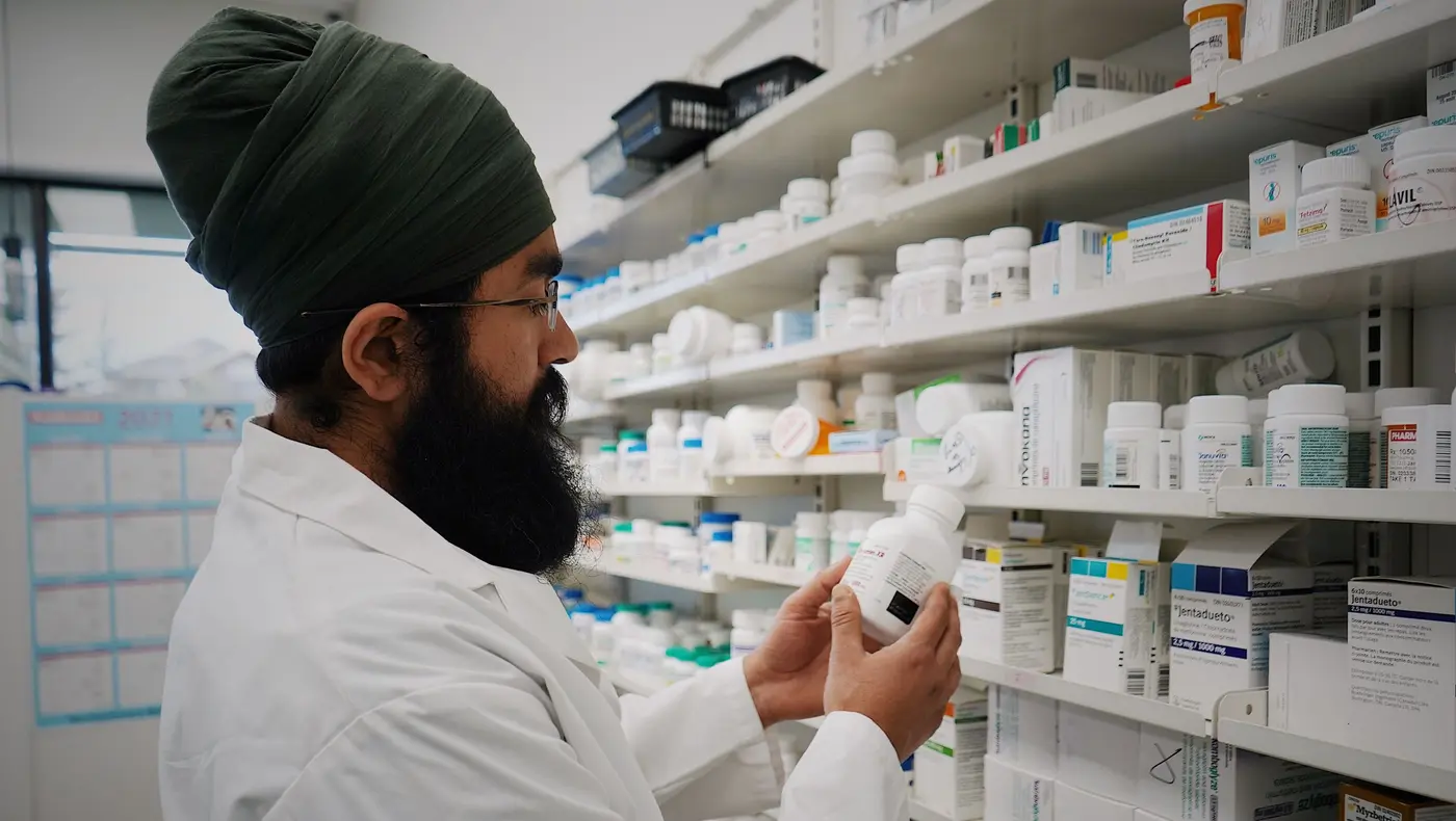 A pharmacist reading the label on a medicine box in front of stocked pharmacy shelves