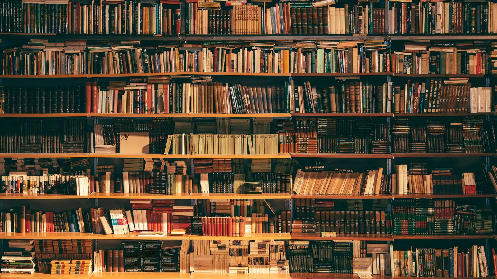 Tall library shelves packed with old books, floor to ceiling.